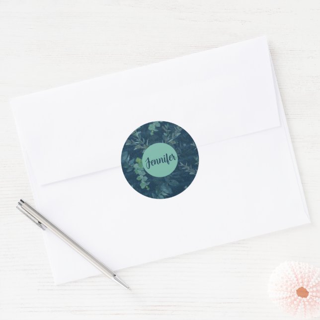 Hübsche dunkelblaue und Aquamarine grüne Blätter Runder Aufkleber (Umschlag)