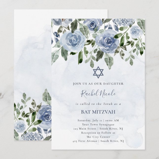 Hübsche Dusty Blue Watercolor-Blume| Bat Mitzvah Einladung (Vorne/Hinten)