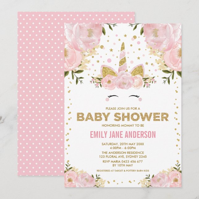 Hübsche Einhorn Girl Baby Dusche Pink Gold Floral Einladung (Vorne/Hinten)