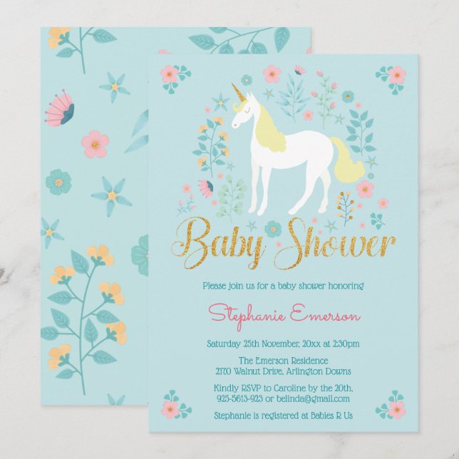Hübsche Einhorn Gold Glitzer Kinderdusche Einladun Einladung (Vorne/Hinten)