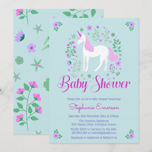 Hübsche Einhorn Pink Aqua Baby Dusche Einladung (Vorne/Hinten)