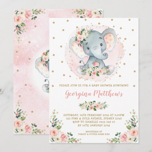 Hübsche Elephant Baby Dusche Blush Gold Floral Ros Einladung (Vorne/Hinten)
