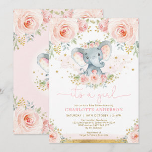 Hübsche Elephant Blush Pink Roses Baby Girl Dusche Einladung