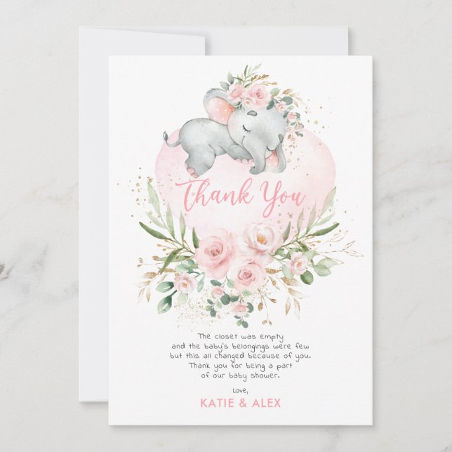 Hübsche Elephant Pink Blush Gold Floral Baby Dusch Dankeskarte (Vorderseite)