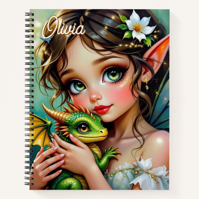 Hübsche elfenhafte Fee und personalisierter Drache Notizbuch (Vorderseite)