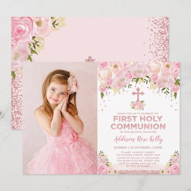 Hübsche Erste Kommune Rose Gold Pink Floral Einladung (Vorne/Hinten)