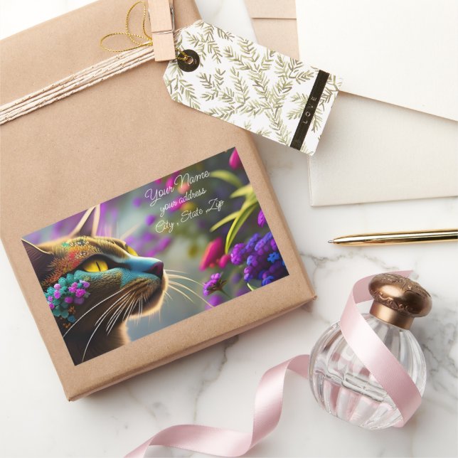 Hübsche Fantasie Blume Katze Name & Anschrift Rechteckiger Aufkleber (Schenken)