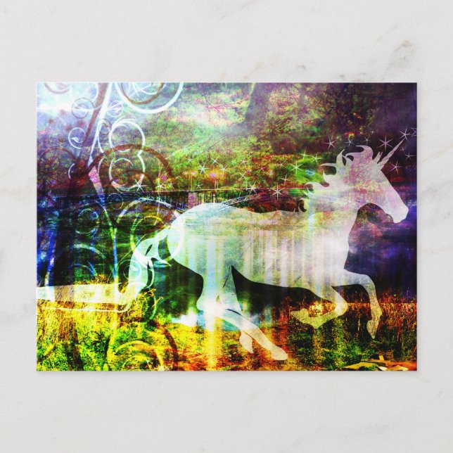 Hübsche Fantasy Land Fairy Tale Unicorn Postkarte (Vorderseite)