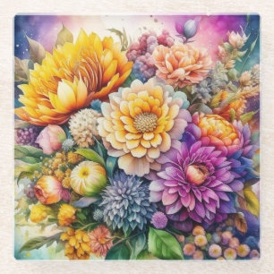 Hübsche farbenfrohe Aquarell-KI-Kunstblumen  Glasuntersetzer