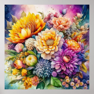 Hübsche farbenfrohe Aquarell-KI-Kunstblumen Poster
