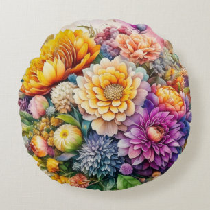 Hübsche farbenfrohe Aquarell-KI-Kunstblumen Rundes Kissen