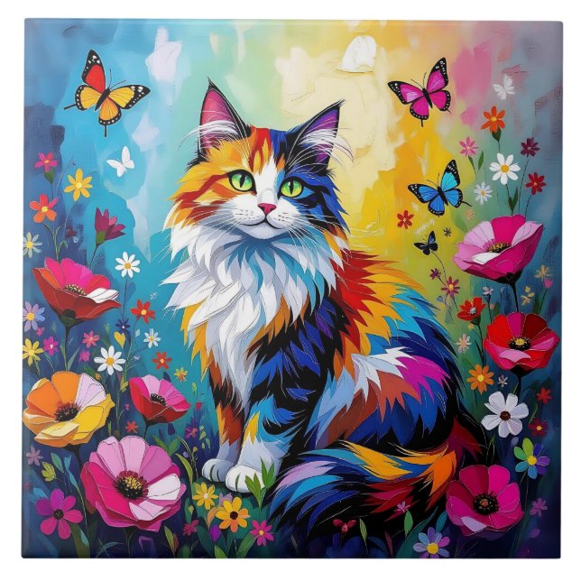 Hübsche farbenfrohe Impasto-Katze und Blumen Fliese (Vorderseite)