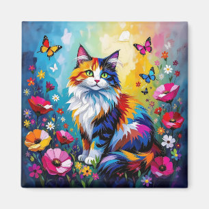 Hübsche farbenfrohe Impasto-Katze und Blumen Magnet