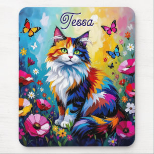 Hübsche farbenfrohe Impasto-Katze und Blumen Mousepad