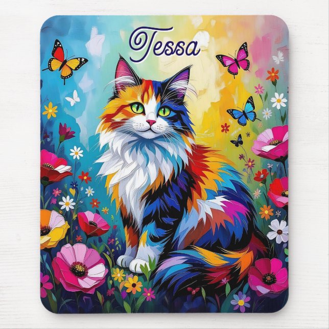 Hübsche farbenfrohe Impasto-Katze und Blumen Mousepad (Vorne)