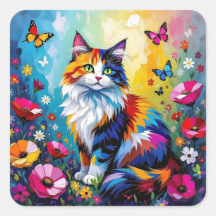 Hübsche farbenfrohe Impasto-Katze und Blumen Quadratischer Aufkleber