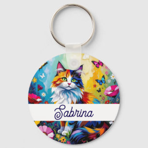 Hübsche farbenfrohe Impasto-Katze und Blumen Schlüsselanhänger