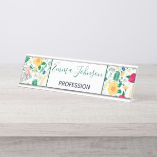 Hübsche Farbenfrohe Wildblumen Weißes Design Schreibtischnamensplakette