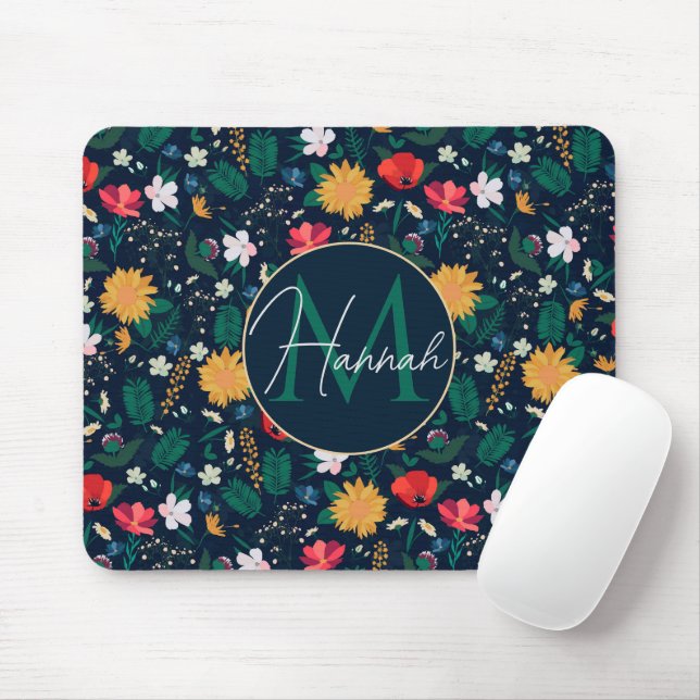Hübsche Farbenfrohe Wilde Blume Navy Blue Design Mousepad (Mit Mouse)