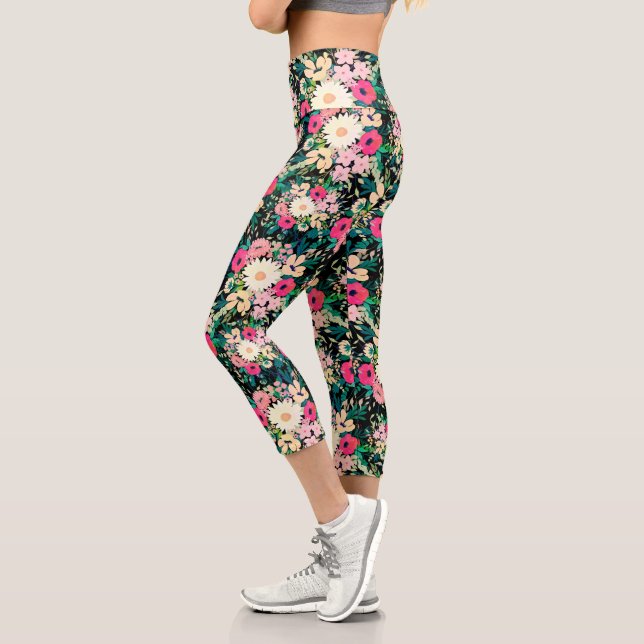 Hübsche farbige Blume Schwarz Botanisch Capri Leggings (Links)