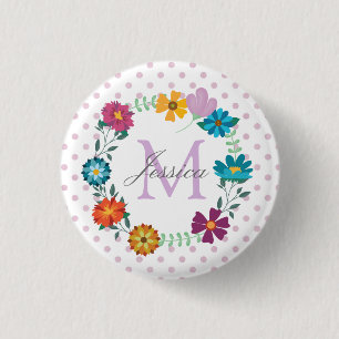 Hübsche farbige Blume Wreath Personalisiert Dotty Button