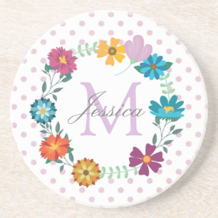 Hübsche farbige Blume Wreath Personalisiert Dotty Getränkeuntersetzer
