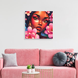 Hübsche farbige Frau mit rosa Blumen Leinwanddruck