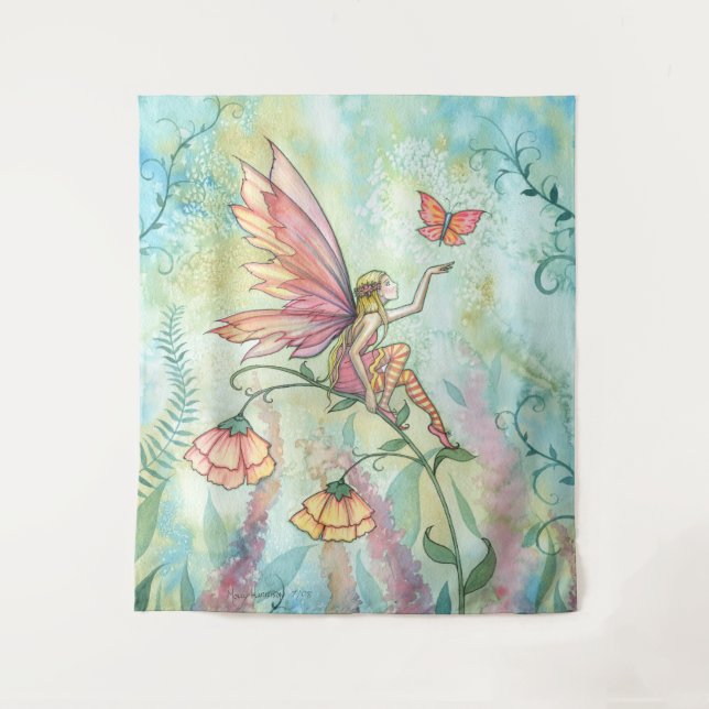 Hübsche Fee mit Butterfly Wasserfarben Kunst Wandteppich (Vorderseite)