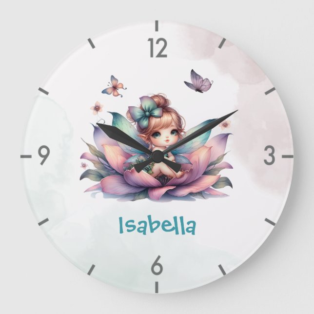 Hübsche Fee sitzt in einer Blume Große Wanduhr (Vorderseite)