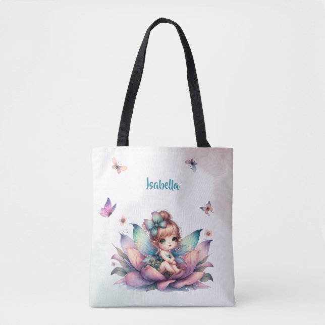 Hübsche Fee sitzt in einer Blume Tasche (Vorderseite)