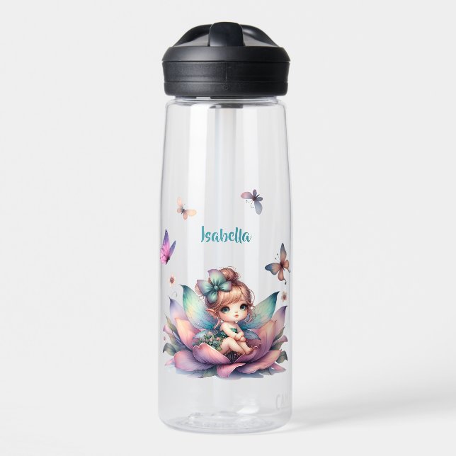 Hübsche Fee sitzt in einer Blume Trinkflasche (Vorne)
