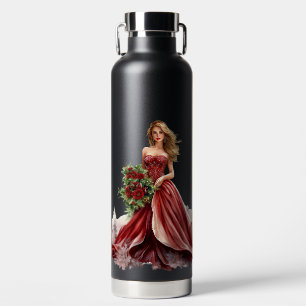 HÜBSCHE FEIERNDE WEIHNACHTSFRAU IN ROTEM KLEID TRINKFLASCHE