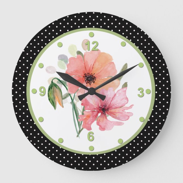 Hübsche Flora und Polka Dot Wall Clock Große Wanduhr (Vorderseite)