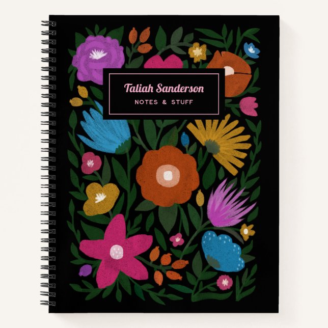 Hübsche florale Frische mit Namen | Schwarz Notizbuch (Vorderseite)