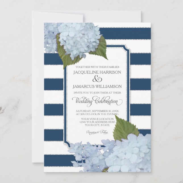 Hübsche florale Moderne Elegante Marine White Stri Einladung (Vorderseite)