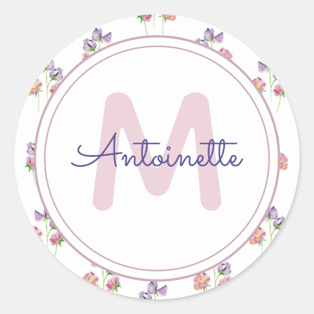 Hübsche florale Monogramm Pink Lavendel Individuel Runder Aufkleber (Vorderseite)