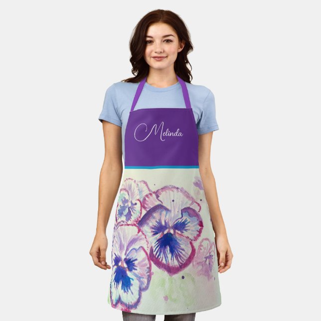 Hübsche florale Pastell-Stiefmütterchen-Lila-Wasse Schürze (Getragen)