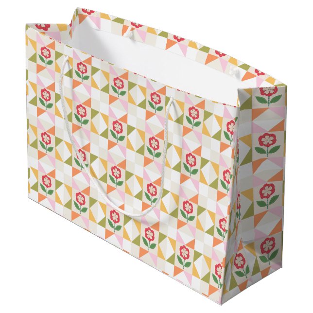 Hübsche florale Patchwork-Quilt-Geschenktasche Große Geschenktüte (Rückseite Schrägansicht)