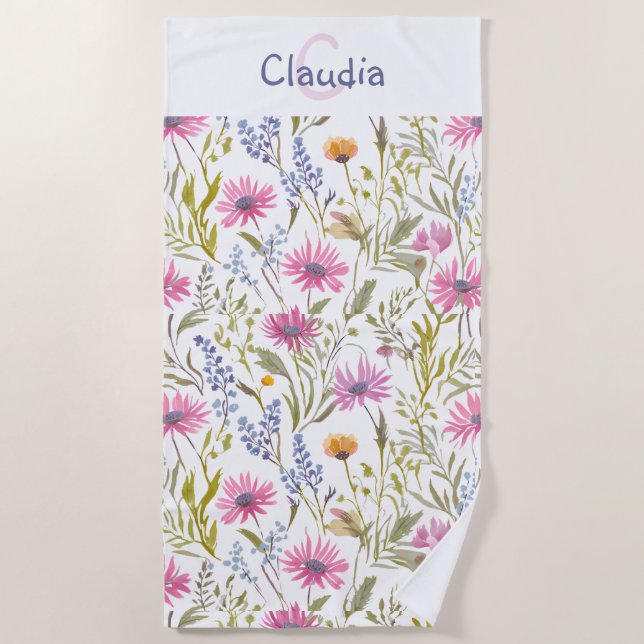 Hübsche florale Wildblumen Gemustert Mit Monogramm Strandtuch (Vorderseite)