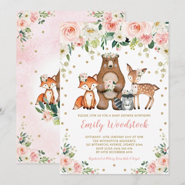 Hübsche florale Woodland Animals Kindermädchendusc Einladung (Vorne/Hinten)