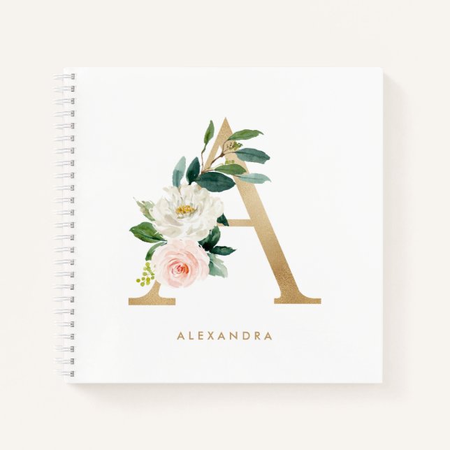 Hübsche Florals Imitats Gold Foil Letter A Monogra Notizbuch (Vorderseite)