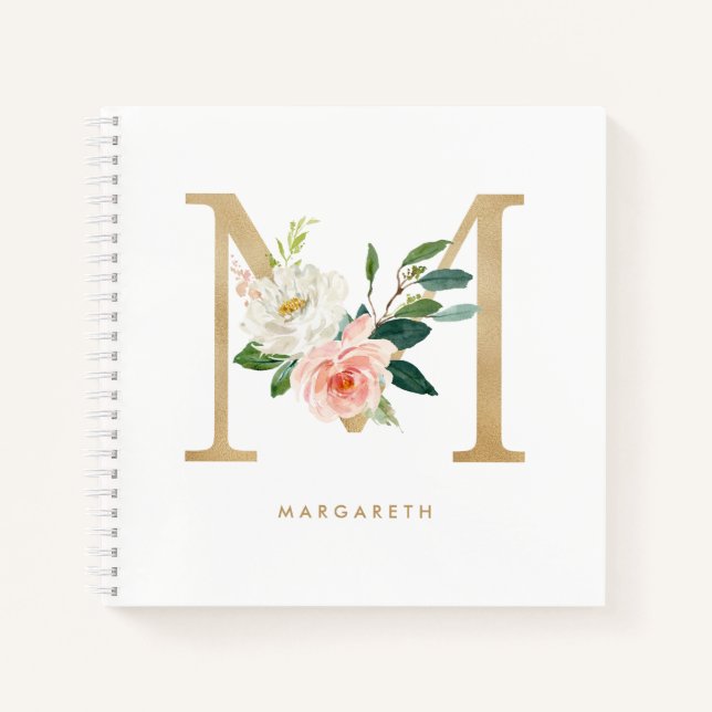 Hübsche Florals Imitats Gold Foil Letter M Monogra Notizbuch (Vorderseite)