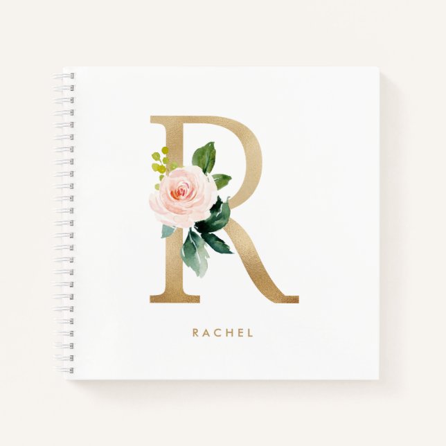 Hübsche Florals Imitats Gold Foil Letter R Monogra Notizbuch (Vorderseite)