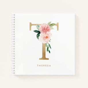 Hübsche Florals Imitats Gold Foil Letter T Monogra Notizbuch