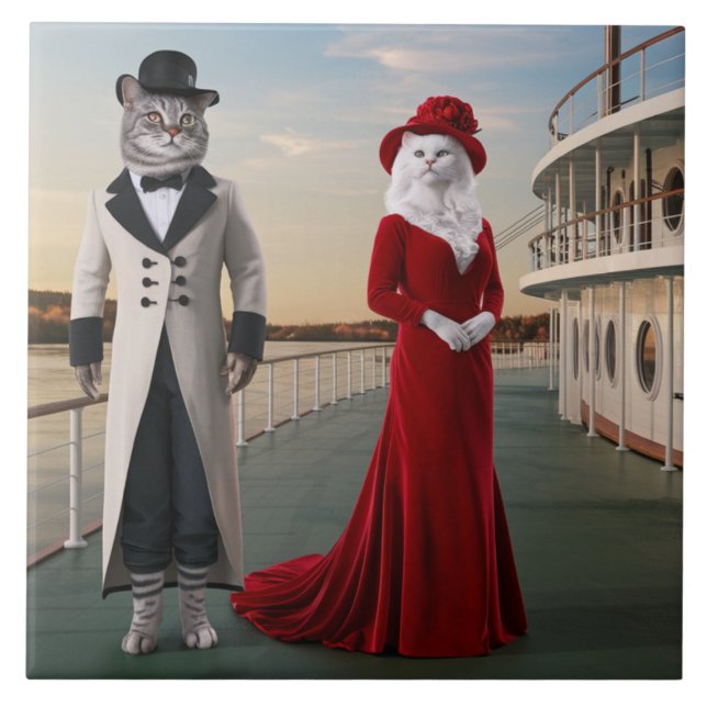 Hübsche Flussboot-Katzen-Dekorfliese Fliese (Vorderseite)