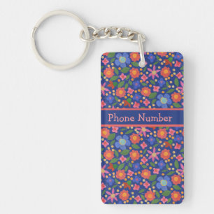 Hübsche Folklore Art Floral, Blue Oblong Schlüssel Schlüsselanhänger