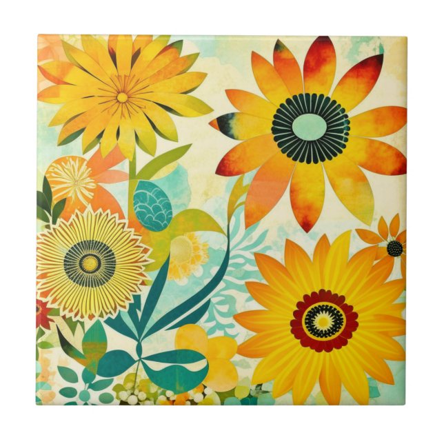 Hübsche Folklorekunst Gelbe Blumen Fliese (Vorderseite)