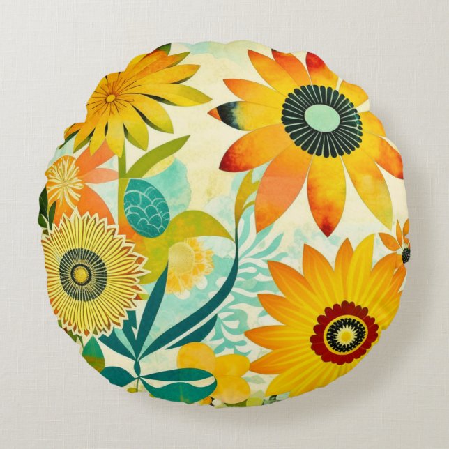 Hübsche Folklorekunst Gelbe Blumen Rundes Kissen (Vorderseite)