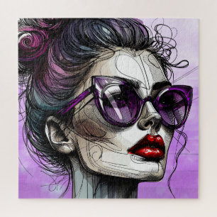 Hübsche Frau in Purple-Sonnenbrille und Roter Lips