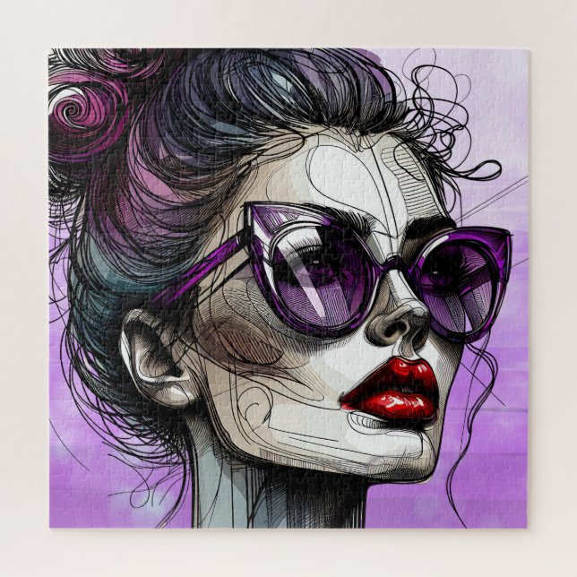 Hübsche Frau in Purple-Sonnenbrille und Roter Lips (Vertikal)